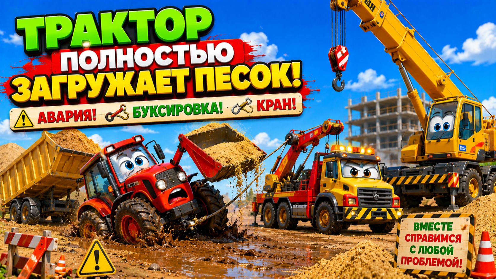 Мультфильм: трактор полностью загружает песок. авария, буксировка трактора, кран.