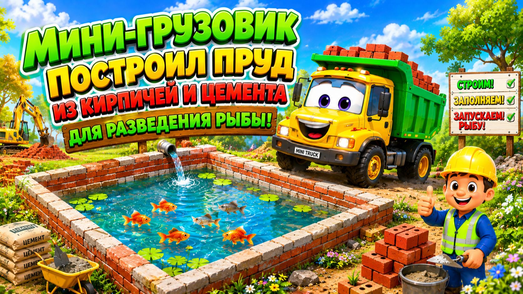 Мультфильм: мини-грузовик построил пруд из кирпичей и цемента для разведения рыбы