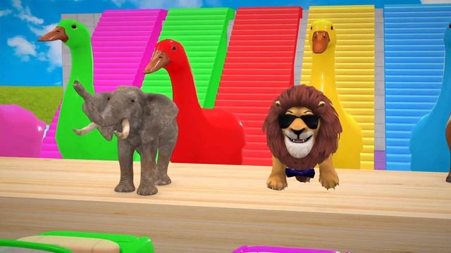Мультфильм: Игра «Длинная горка» с коровой, слоном, гориллой, бегемотом, тигром, 3D-игра с животными