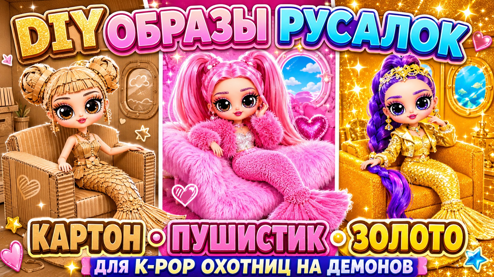 DIY Золотые, Картонные и Пушистые образы Русалок для K-Pop Охотниц на Демонов в самолете! Куклы ЛОЛ смотреть онлайн
