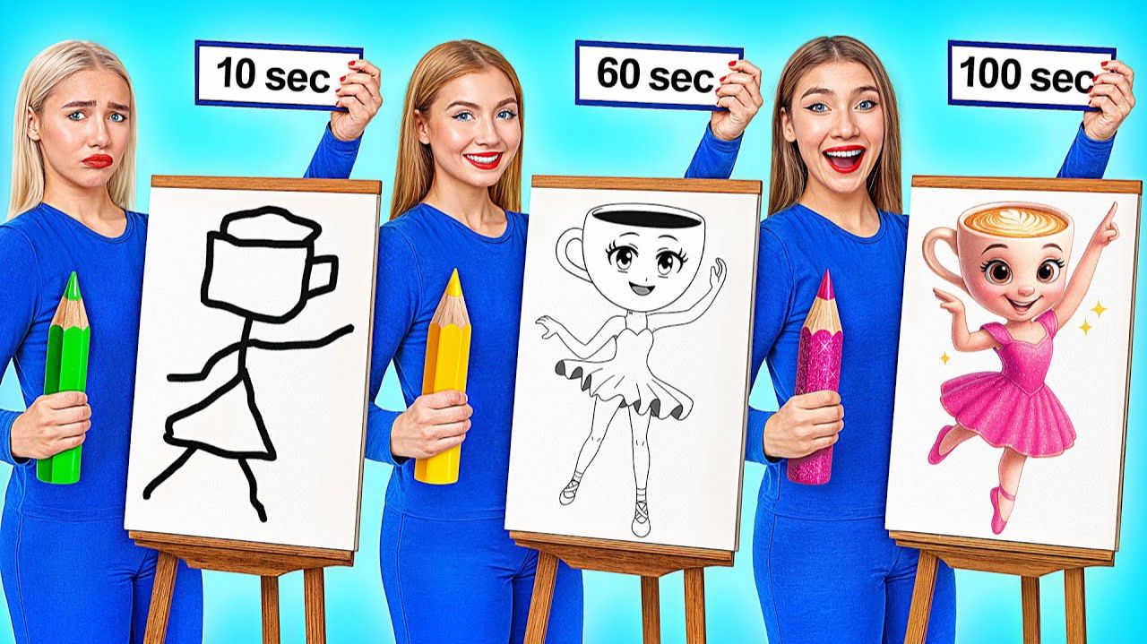 10 Секунд vs 60 Секунд vs 100 Секунд Челлендж Рисунков от DO смотреть онлайн