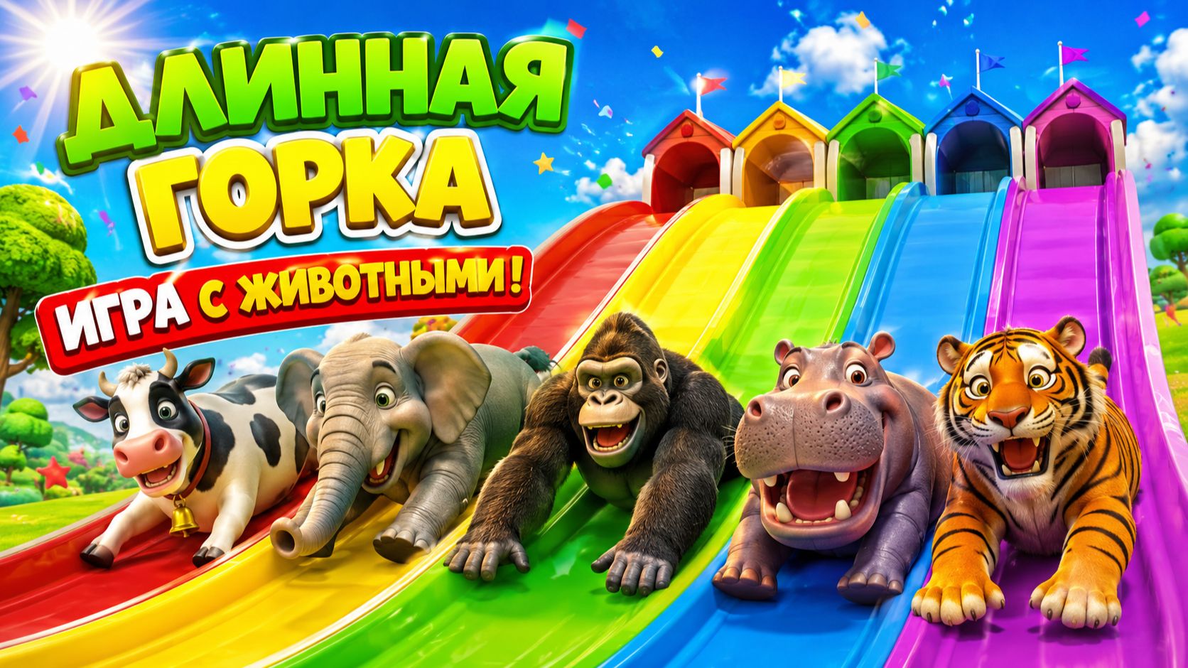 Мультфильм:  Игра «Длинная горка» с коровой, слоном, гориллой, бегемотом, тигром, 3D-игра с животным