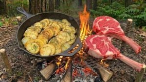Сочный стейк с чесночным маслом и картошка на костре. Рецепт на природе