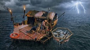 Пережил проливной дождь на плоту из мусора вместе с собакой | Рыбалка и приготовление еды в море