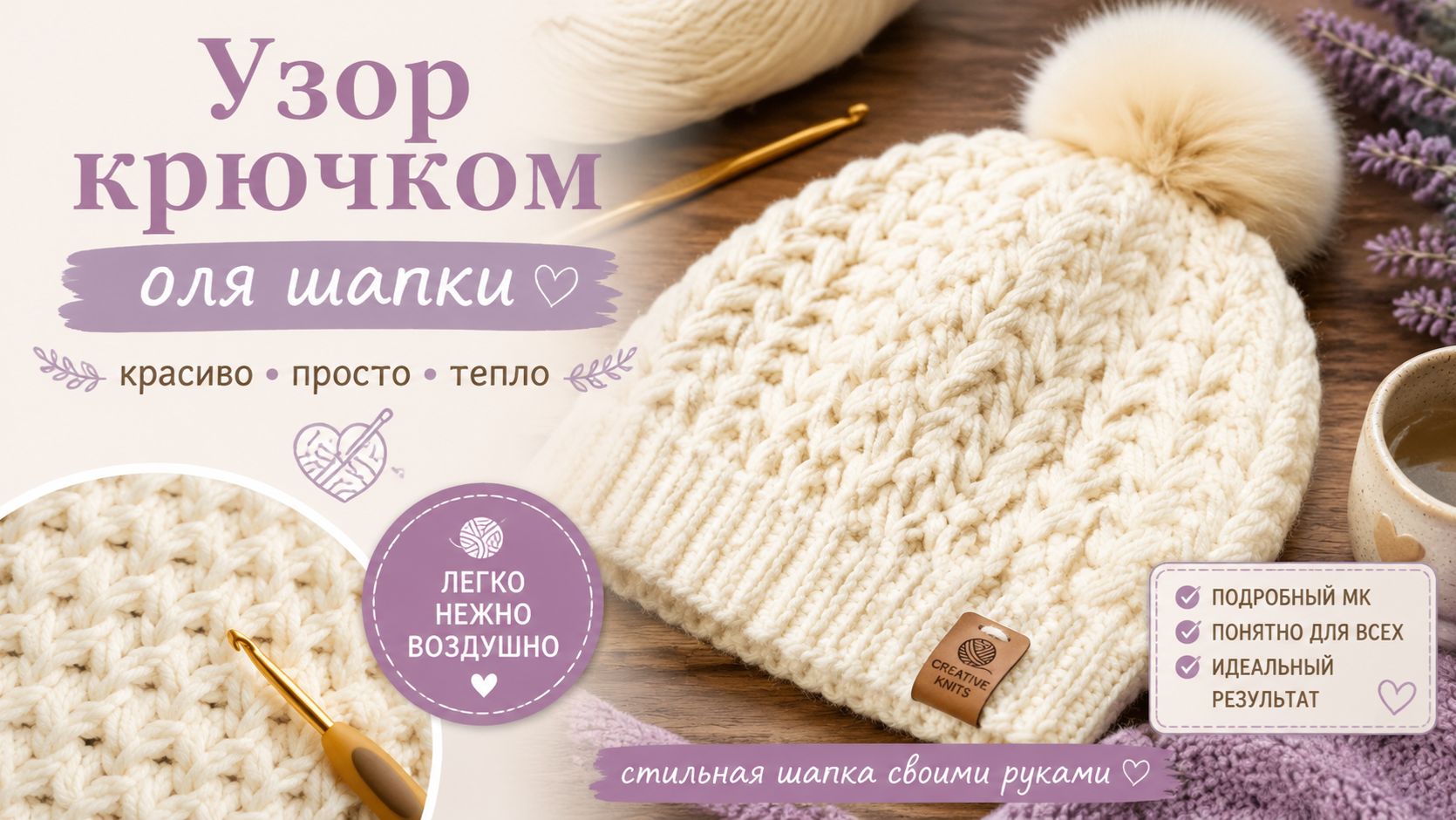 Простой узор тунисским крючком для шапки - Пошаговый мастер-класс