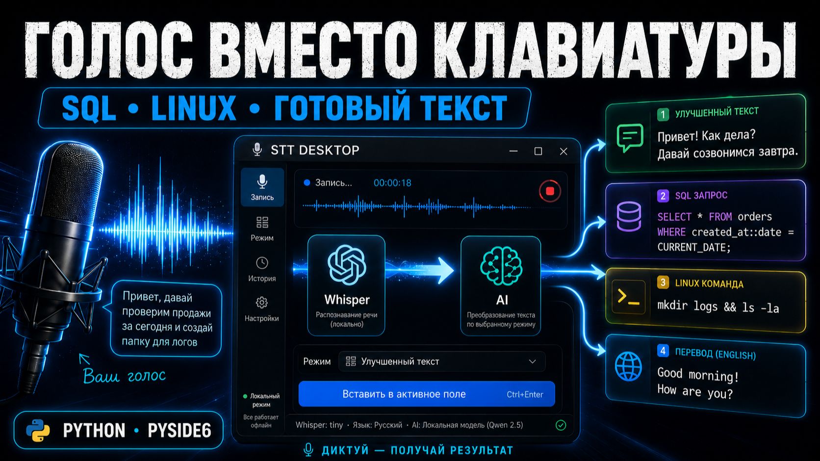 ГОЛОСОМ ПИШУ SQL, LINUX-КОМАНДЫ И ТЕКСТ — СДЕЛАЛ DESKTOP-ПРИЛОЖЕНИЕ С WHISPER + AI смотреть онлайн