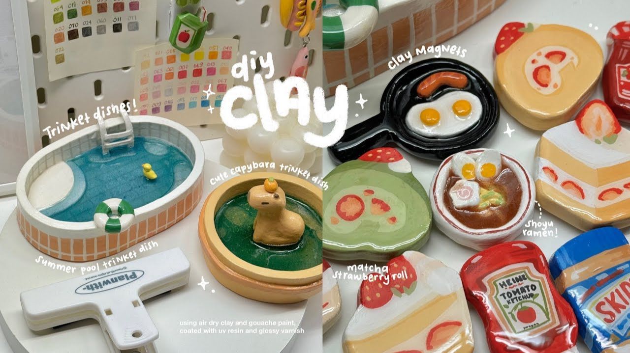 making clay trinket dishes and magnets🍳🍉🍓✨ using air dry clay / no bake