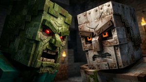 Голем против трех гигантских зомби на мосту! Эпичная битва в Minecraft с массивным падением 😱💥