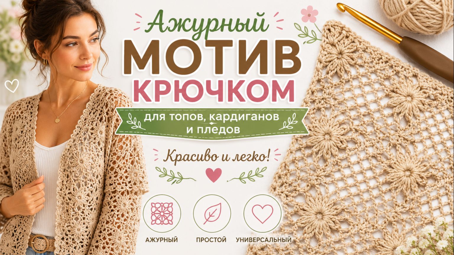 Ажурный мотив крючком, который подходит для топов, кардиганов и пледов