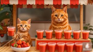 😹Мама кошечка со своим маленьким котёночком продают вкусный клубничный сок🔥