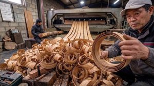 Процесс изготовления одноразовых тарелок и соломинок из нарезанного дерева. Корейская фабрика