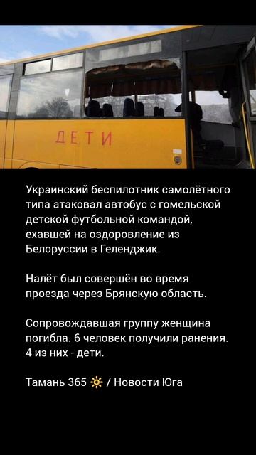 Украинский беспилотник атаковал автобус с детьми из Белоруссии, ехавшими в Геленджик / Тамань 365