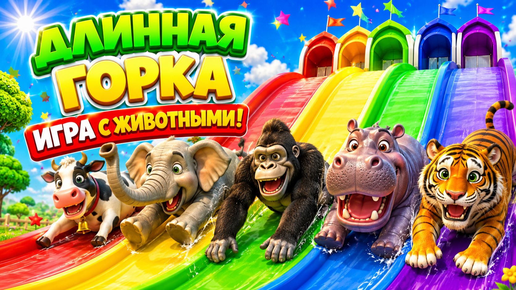 Мультфильм:  Игра «Длинная горка» с коровой, слоном, гориллой, бегемотом, тигром, 3D-игра с животным