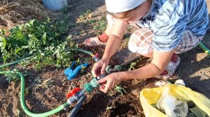Земля вся высохла. Монтирую водопровод. Сосед помогает.