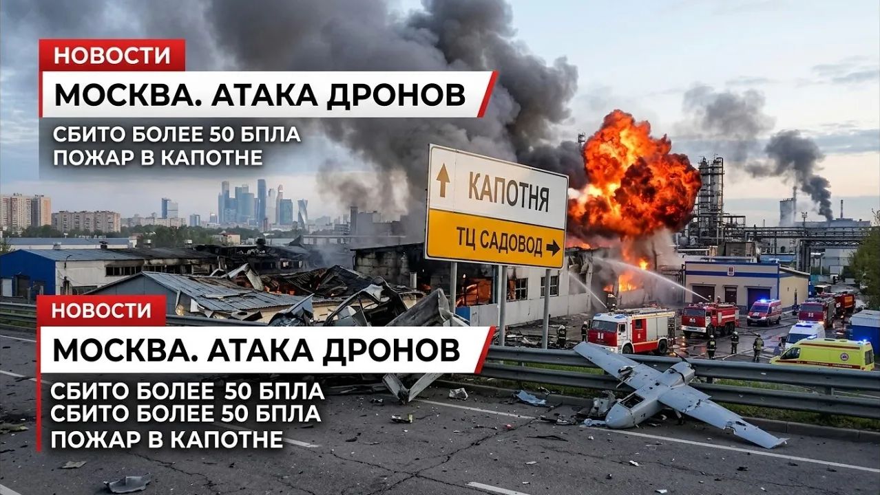«Более 50 дронов атаковали Москву Капотня в огне, ”Садовод” разрушен, аэропорты закрыты ... смотреть онлайн