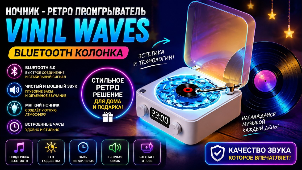 Ночник – Ретро проигрыватель Vinil Waves Bluetooth смотреть онлайн