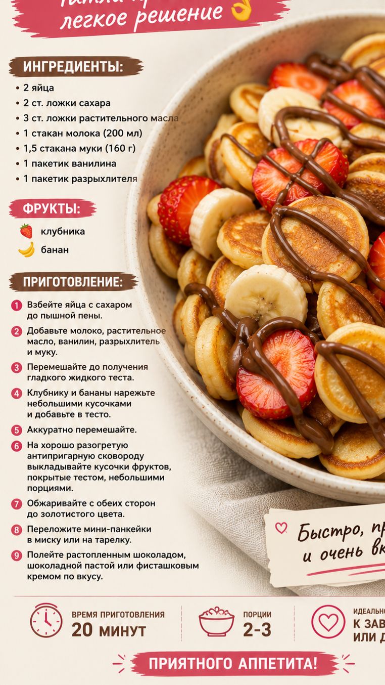 Мини-панкейки с клубникой и бананом за 10 минут 🥞🍓