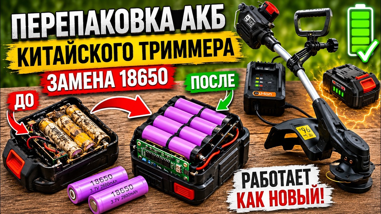 Перепаковка аккумулятора китайского триммера | Замена 18650 и проверка АКБ смотреть онлайн