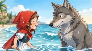 Красная шапочка и серый волк купаются в море