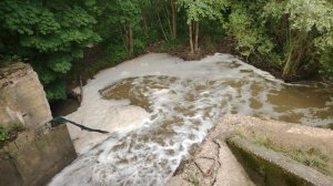 Водосброс, густая пена, шум мутной воды. Суханово.