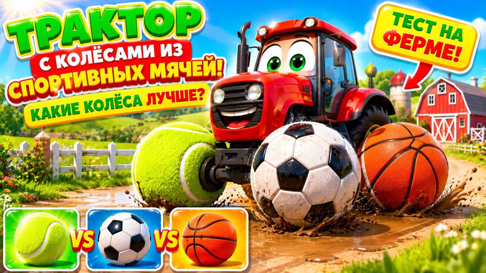 Мультфильм: Трактор с колёсами для теннисного мяча, футбольного мяча и баскетбольного мяча — тестиро