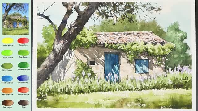 Пейзажная акварель — дом среди деревьев