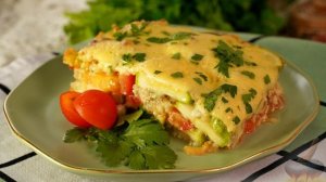 ЗАПЕКАНКА ИЗ КАБАЧКОВ С ПОМИДОРАМИ И ЖАРЕНЫМ ЛУКОМ