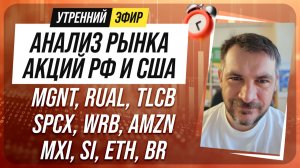 Анализ рынка акций РФ и США/ MGNT, RUAL, TLCB, SPCX, WRB, AMZN/ MXI, SI, ETH, BR