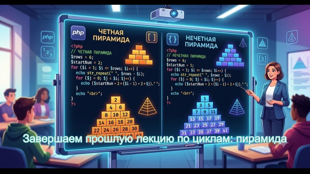 PHP. Лекция 4.3. Циклы. Завершаем построение треугольников с помощью циклов смотреть онлайн