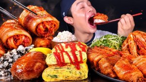 ASMR 삼겹살 김치말이찜 야채계란말이 함박스테이크 김부각 고봉밥 먹방~!! Rice With Egg Roll Kimchi Hamburger Steak MuKBang~!!