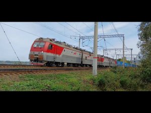 Система электровозов 2ЭС5К-167/182 «Ермак» с контейнерным поездом следует по Транссибу на скорости.