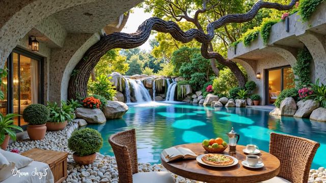🎶 Уютное кафе у водопада | Спокойный джаз и звуки природы для отдыха души ☕🌿💦
