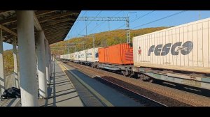 Электровоз 3ЭС5К-736 «Ермак» с составом рефрежираторных контейнеров следует через о.п.Сиреневка.