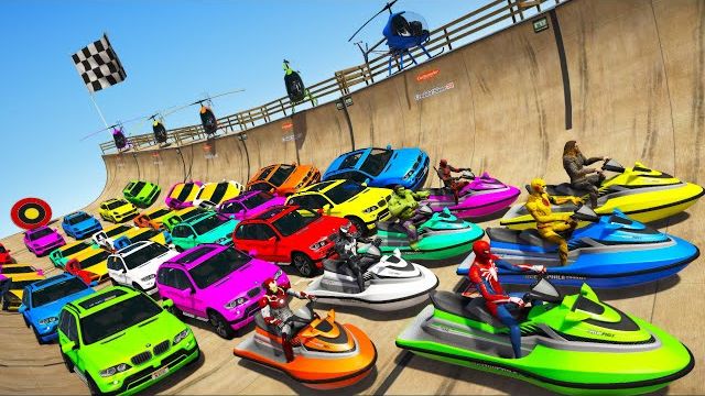 GTA V - Новая многоуровневая трасса и испытание Человек-паук с автомобилями,гидроциклами,вертолетами смотреть онлайн