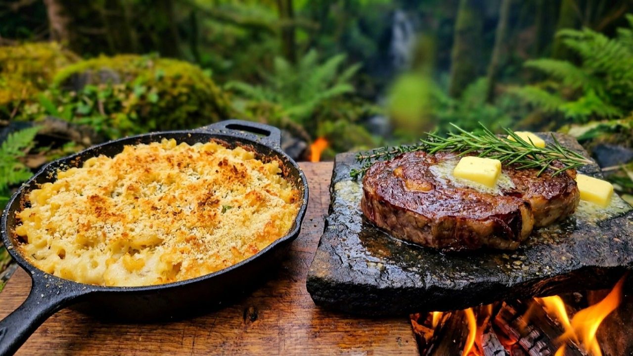 Стейк с макаронами и сыром: идеальная еда для пикника у костра 🔥