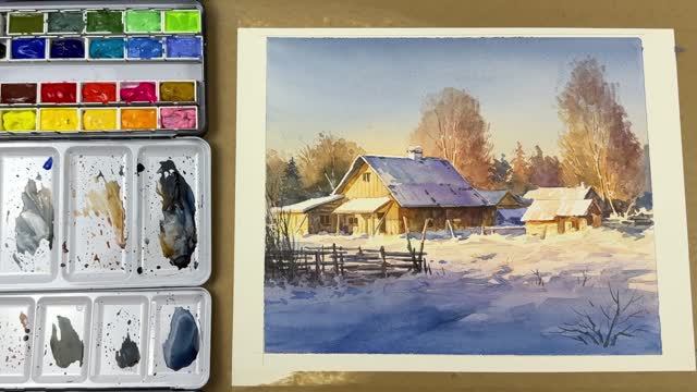 Как нарисовать акварелью зимний солнечный пейзаж со снегом