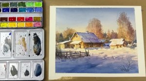 Как нарисовать акварелью зимний солнечный пейзаж со снегом