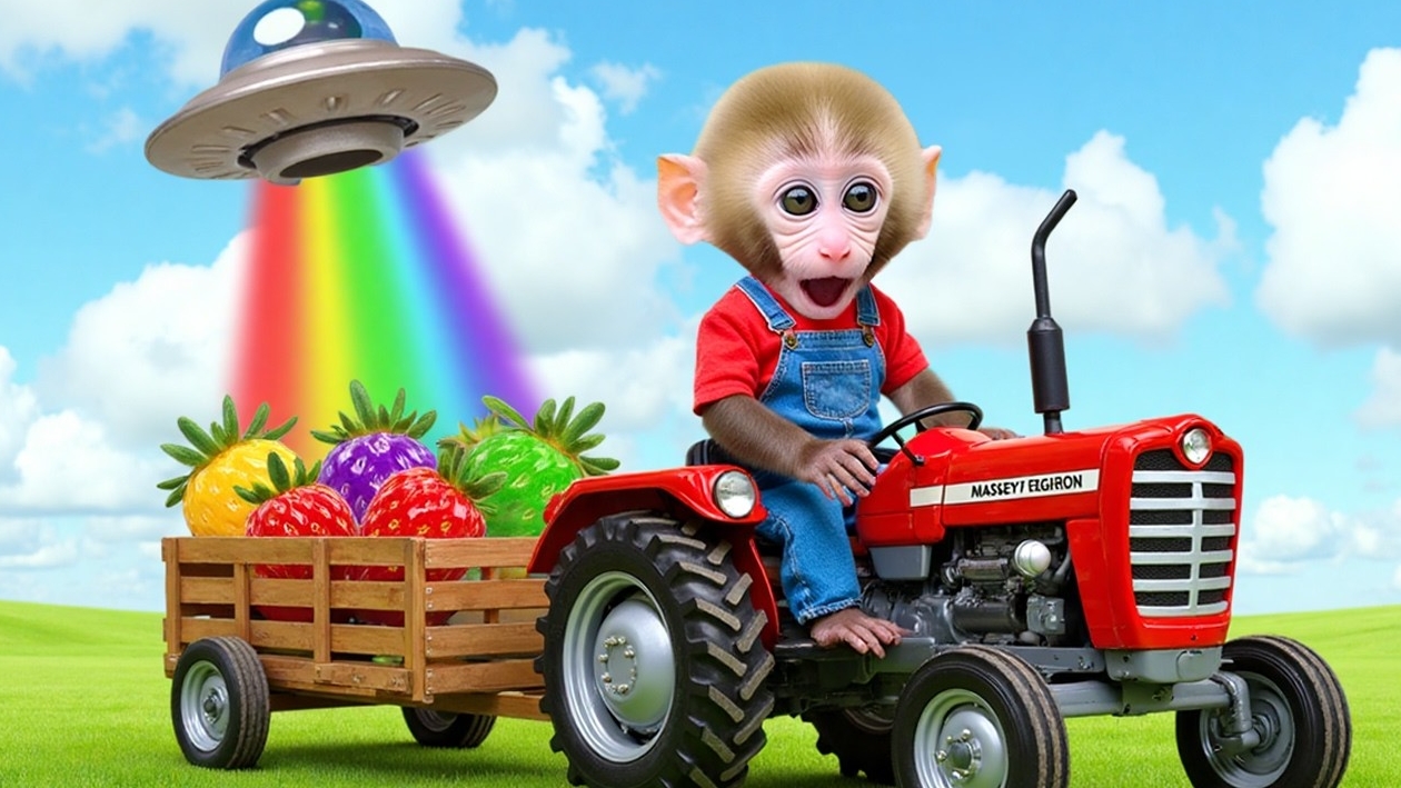 Monkey Nana drives a tractor and faces a strange cloud that shrinks a watermelon into a tiny size смотреть онлайн