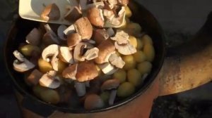 Жарим картошку со шкварками и грибами в сковороде, на костре, очень вкусно