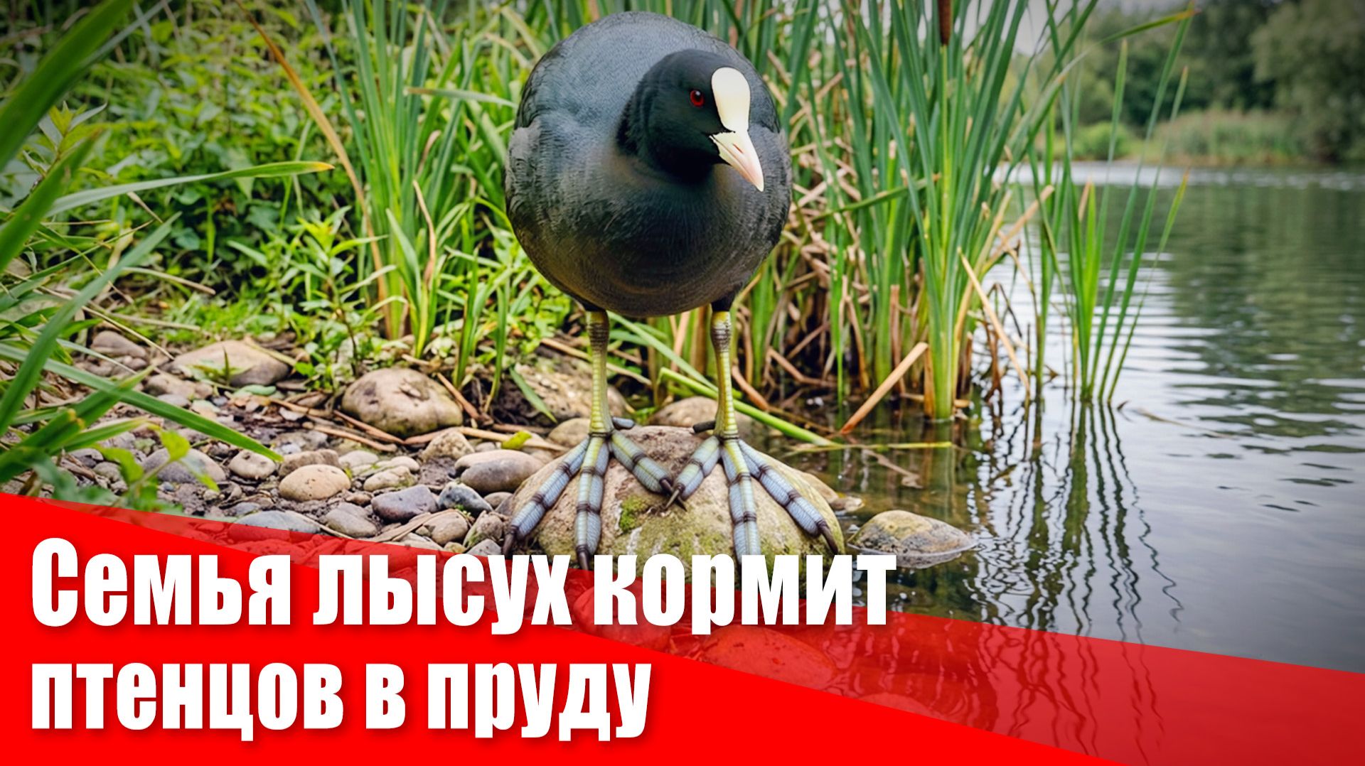 Семья лысух кормит птенцов в пруду