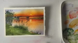 Акварельный пейзаж «Закат и отражение»