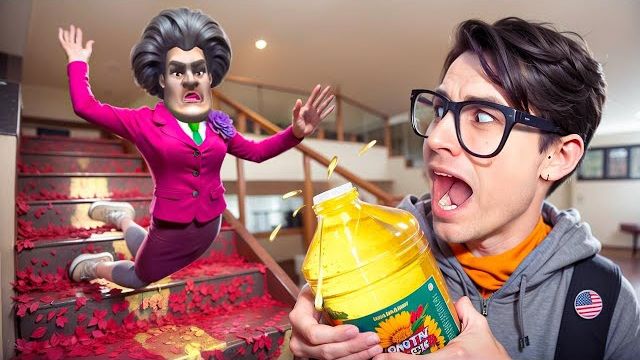 ПРАНК С МАСЛОМ НАД ЗЛОЙ УЧИЛКОЙ!😂 ПОЛЁТ СО СТУПЕНЕК В ИГРЕ SCARY TEACHER!🤣 смотреть онлайн