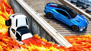 Автомобили против вулкана, извергающего лаву по всему городу - BeamNG Drive
