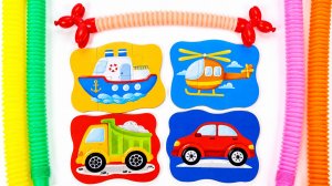 Учим цвета и транспорт для детей 🚗 Собираем пазлы: корабль, вертолёт, грузовик, машинка
