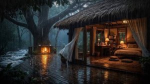ЛИВЕНЬ У ЛЕСНОГО ДОМИКА С КАМИНОМ И ШУМОМ РУЧЬЯ ДЛЯ КРЕПКОГО СНА 🔥🌧️