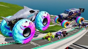 Эпичные прыжки монстр-траков и автомобилей на высокой скорости BeamNG Drive
