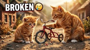 Трехколесный велосипед грустного котенка ломается 😢 #Мама-кошка изо всех сил старается это испр