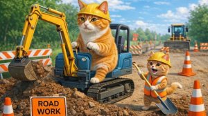 Мама-кошка и котенок построили новую дорогу 🚧🐱