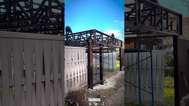 Навес для машины с прямой крышей 6х5, секционные ворота и калитка