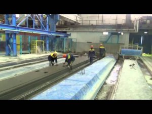 Резка пустотных плит. Hollow core slabs production line.